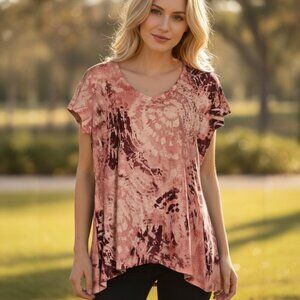 FRESH Women’s M Coral Tie-Dye T-Shirt Hi-Lo Hem Round Neck Short Sleeve Boho